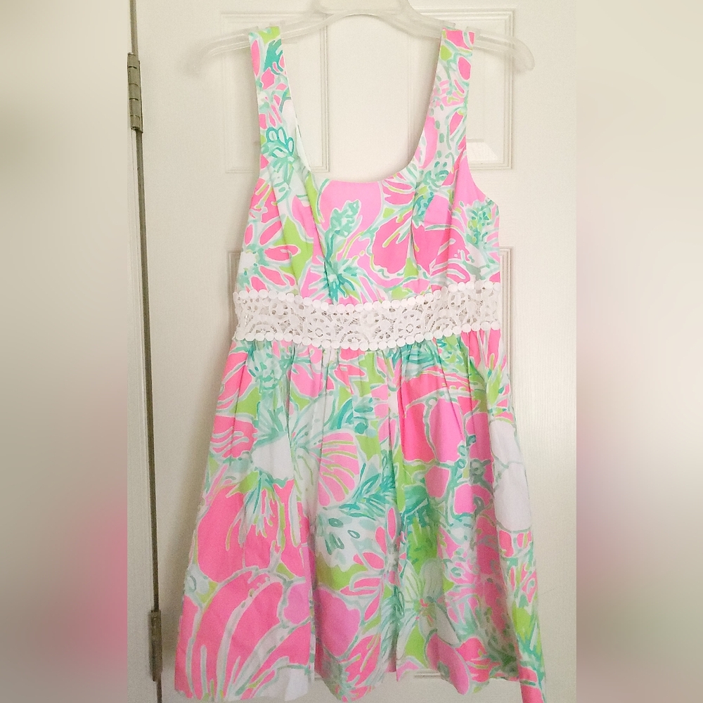 LILLY PULITZER Rosemarie Dress Flamingo Pink Don't Give A Cluck Lace Size 8